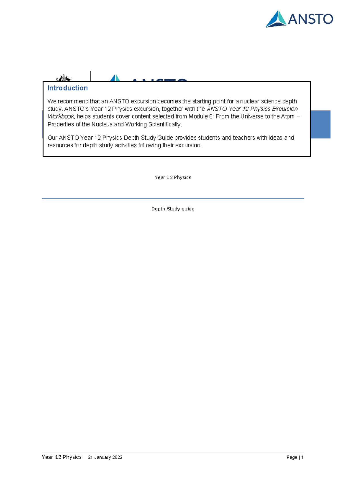 ANSTO Year 12 Physics Depth Study Guide: Nuclear Science Insights - Studocu