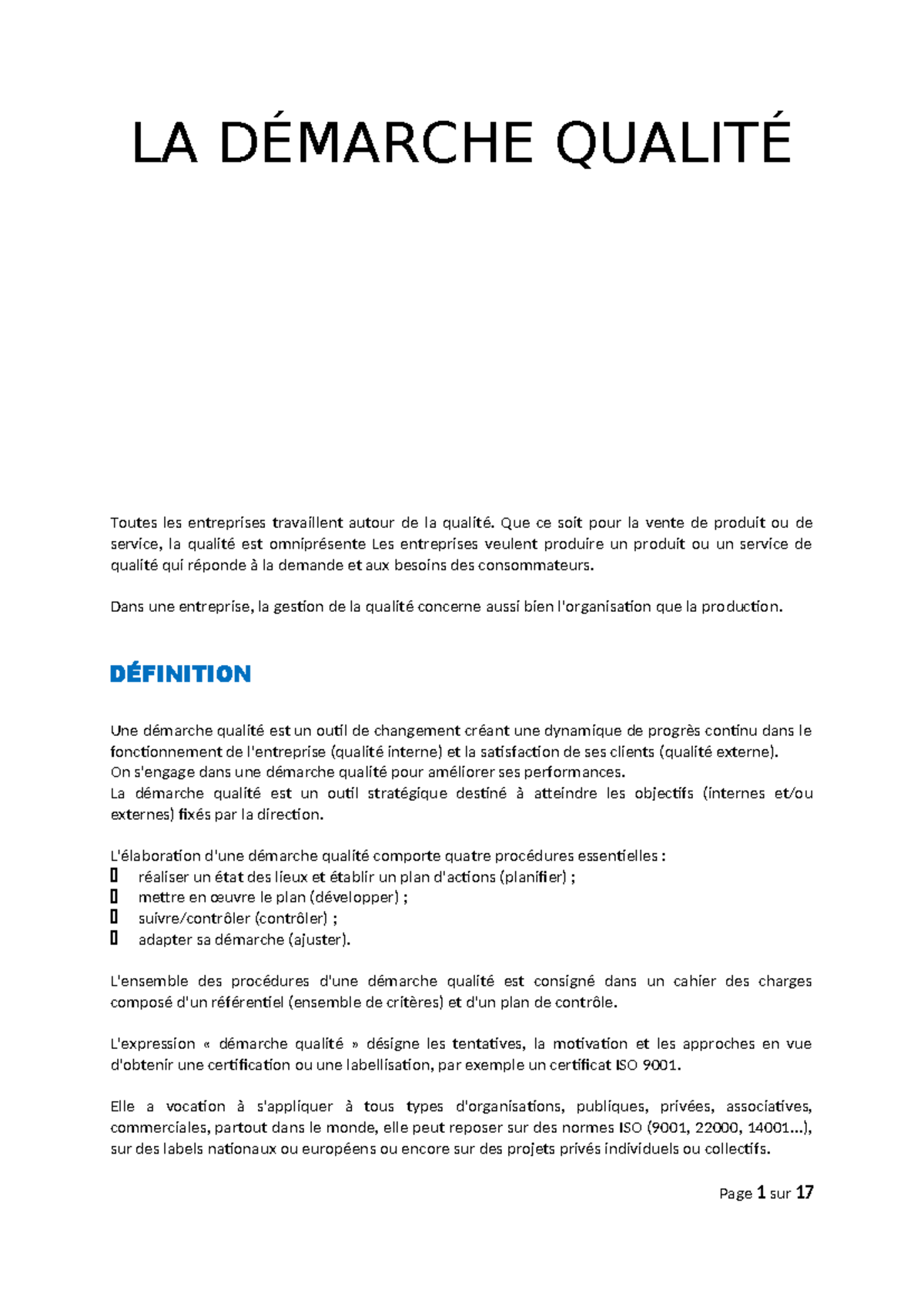LA DÉMARCHE QUALITÉ, CERTIFICATION ET NORMES ISO 9001 - Studocu