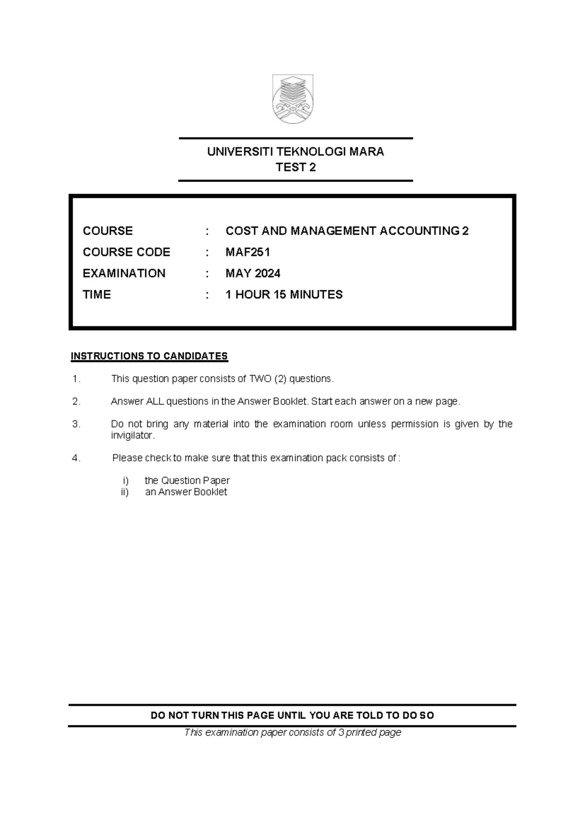 TEST 2 MAF251 COST & MANAGEMENT ACCOUNTING JUNE 2022 EXAM PAPER - Studocu