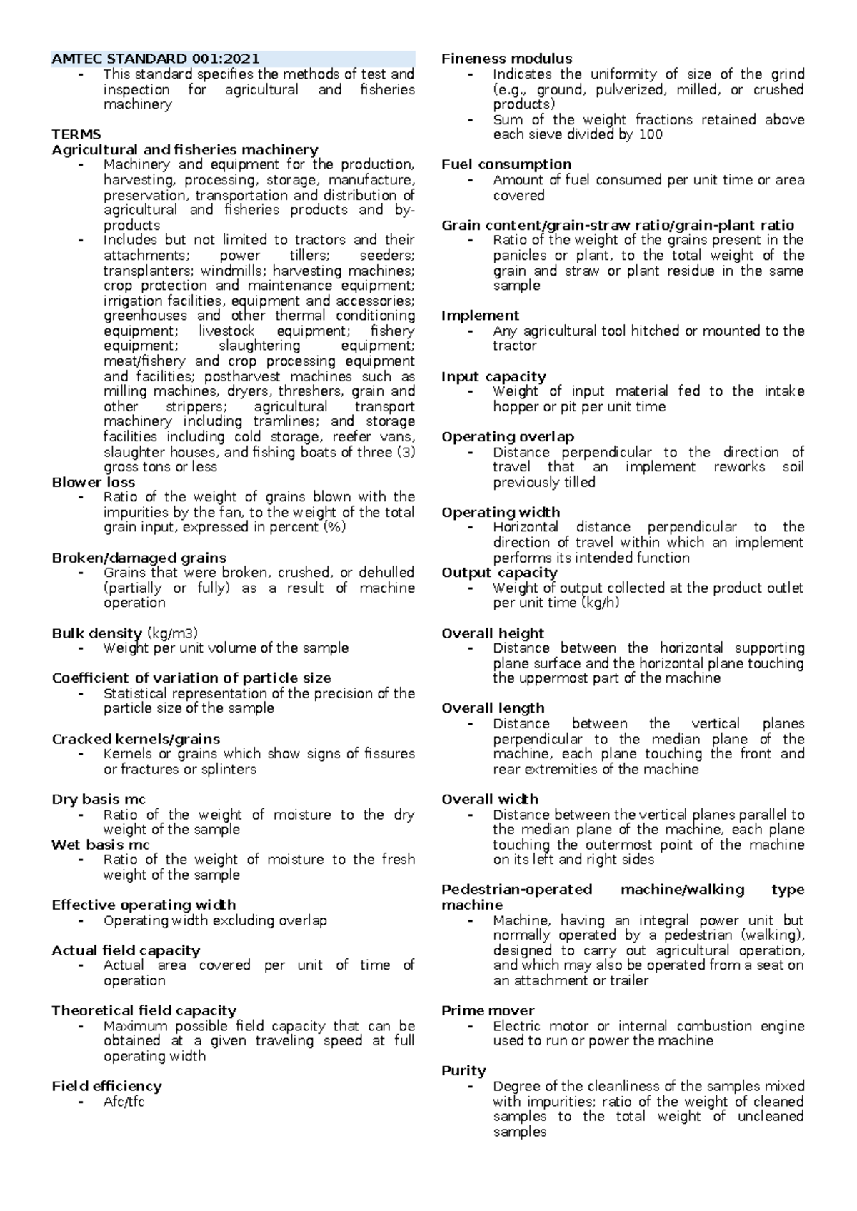 AMTEC STANDARD 001:2021 Testing Methods for Agri-Fishery Machinery ...