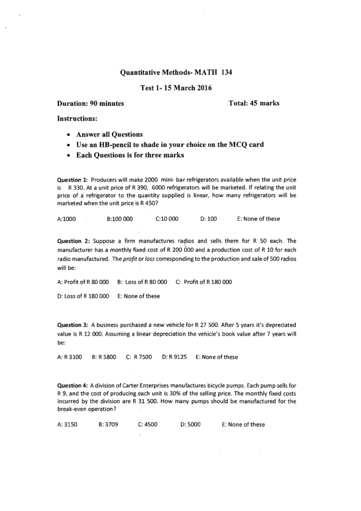 Quantitative MATH 134 Test 1 Practice Paper March 2016 - Studocu