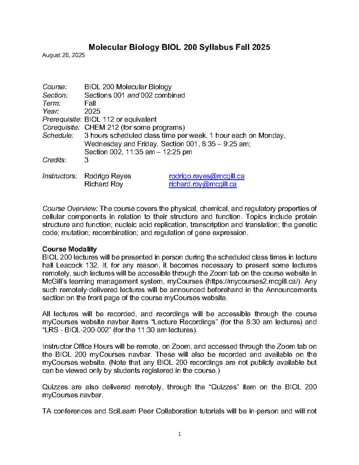 Molecular Biology BIOL 200 Syllabus - Fall 2025 Overview - Studocu