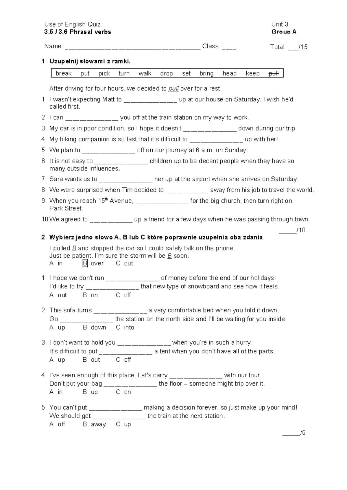 Focus 3 Quiz 3.5 & 3.6: Phrasal Verbs Unit 3 Test - Studocu