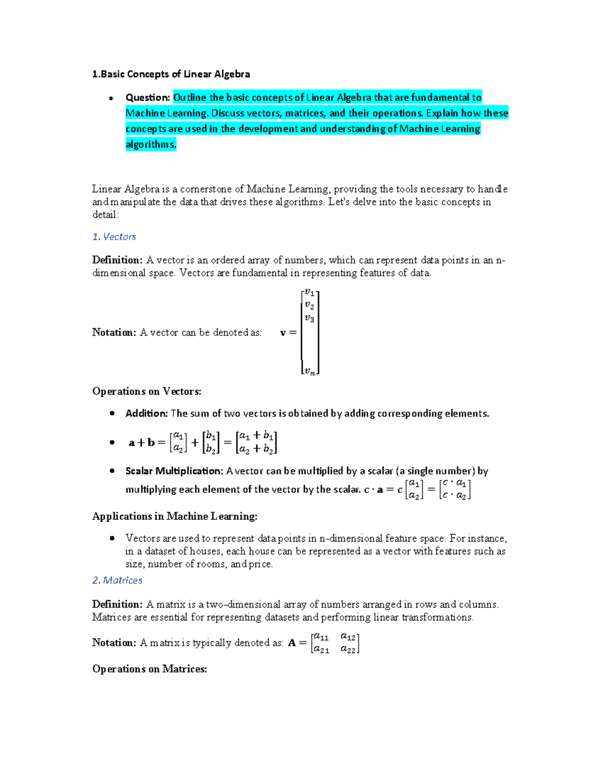 Unit-1 Notes on Linear Algebra Concepts for ML (INT255) - Studocu