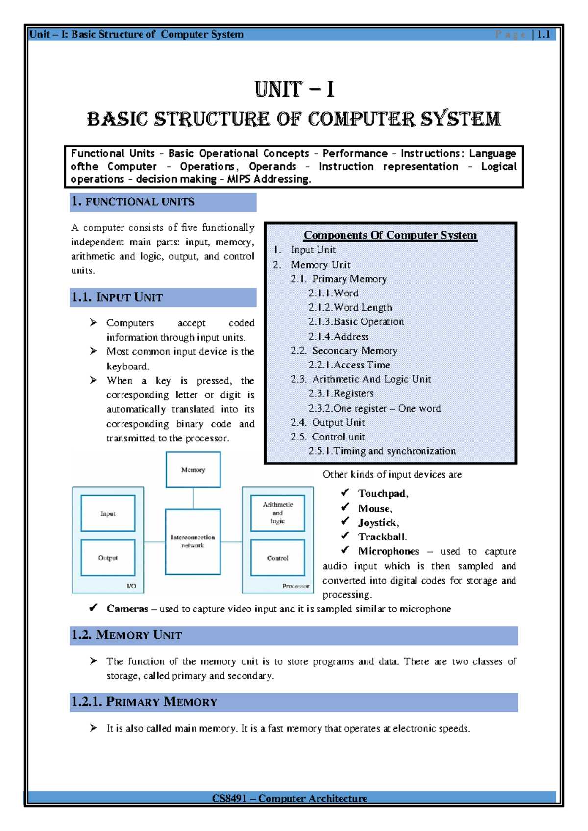 CS8491 Computer Architecture Unit I: Comprehensive Study Notes - Studocu
