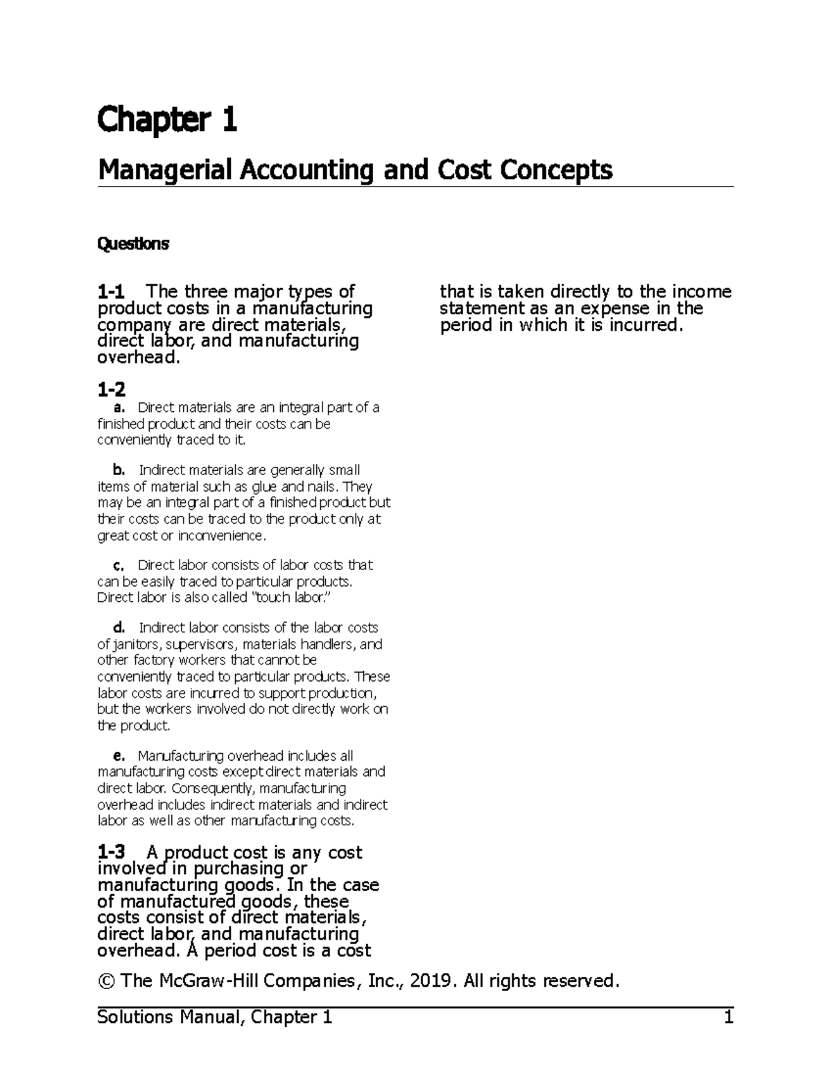 Chapter 1 Answer - Chapter 1 Managerial Accounting and Cost Concepts ...