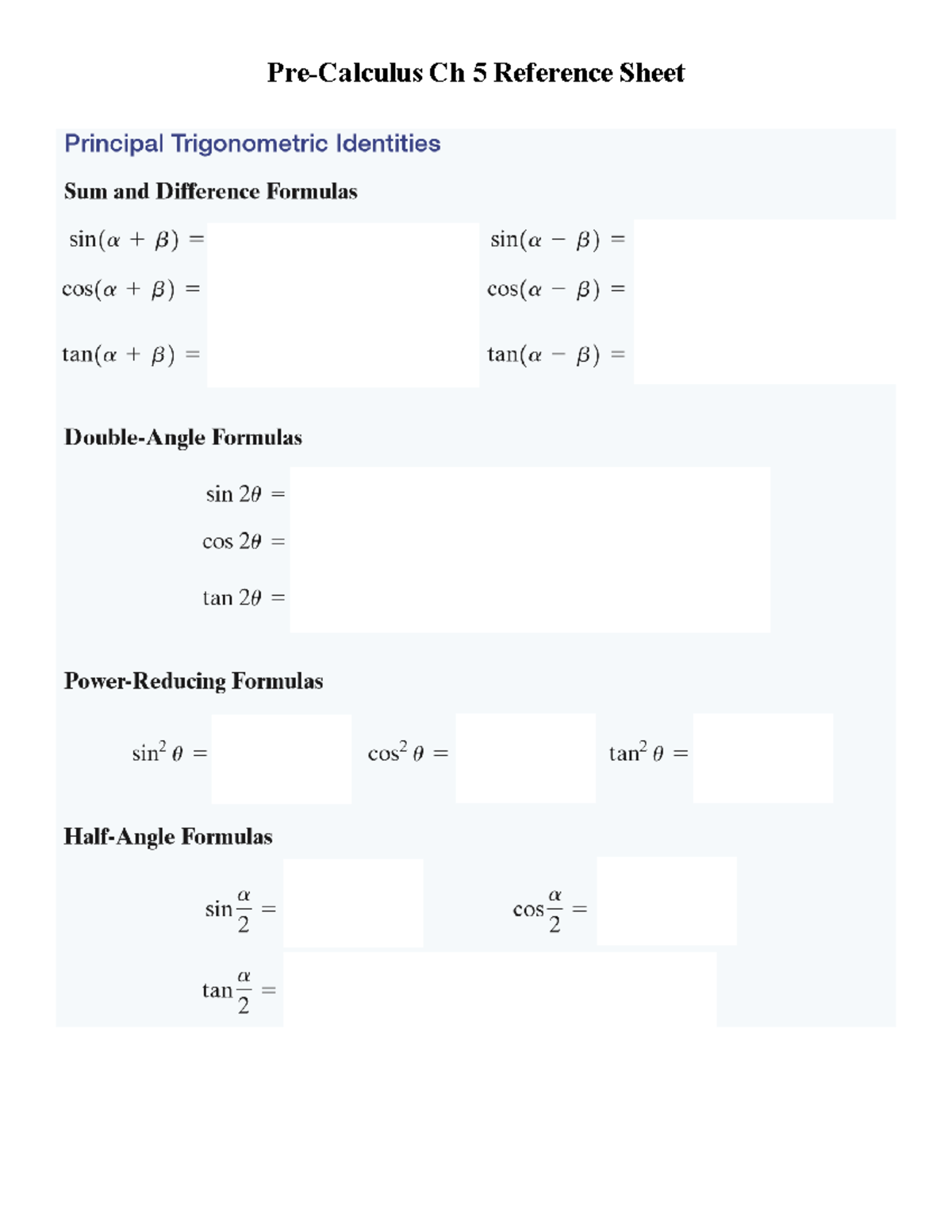 Pre-Calc Ch 5 Reference Sheet: Trig Identities & Formulas - Studocu