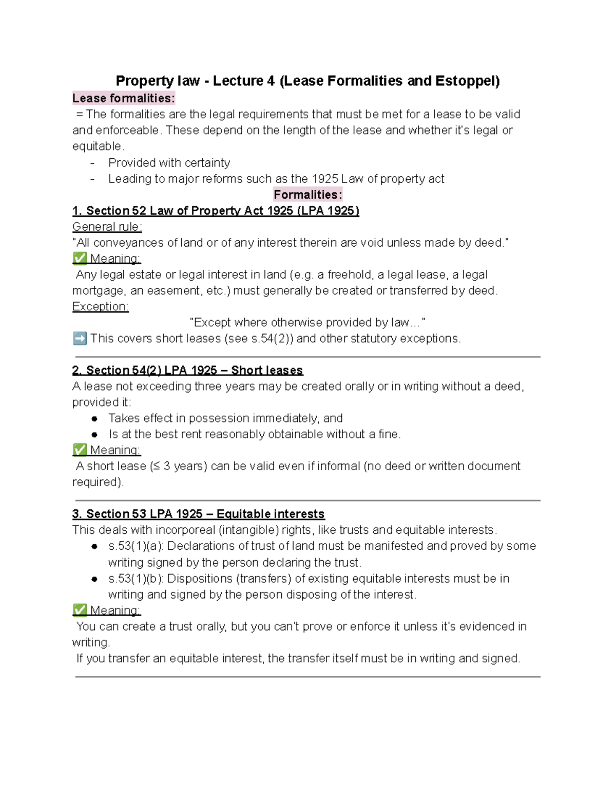 Property Law - Lecture 4: Lease Formalities and Estoppel - Studocu
