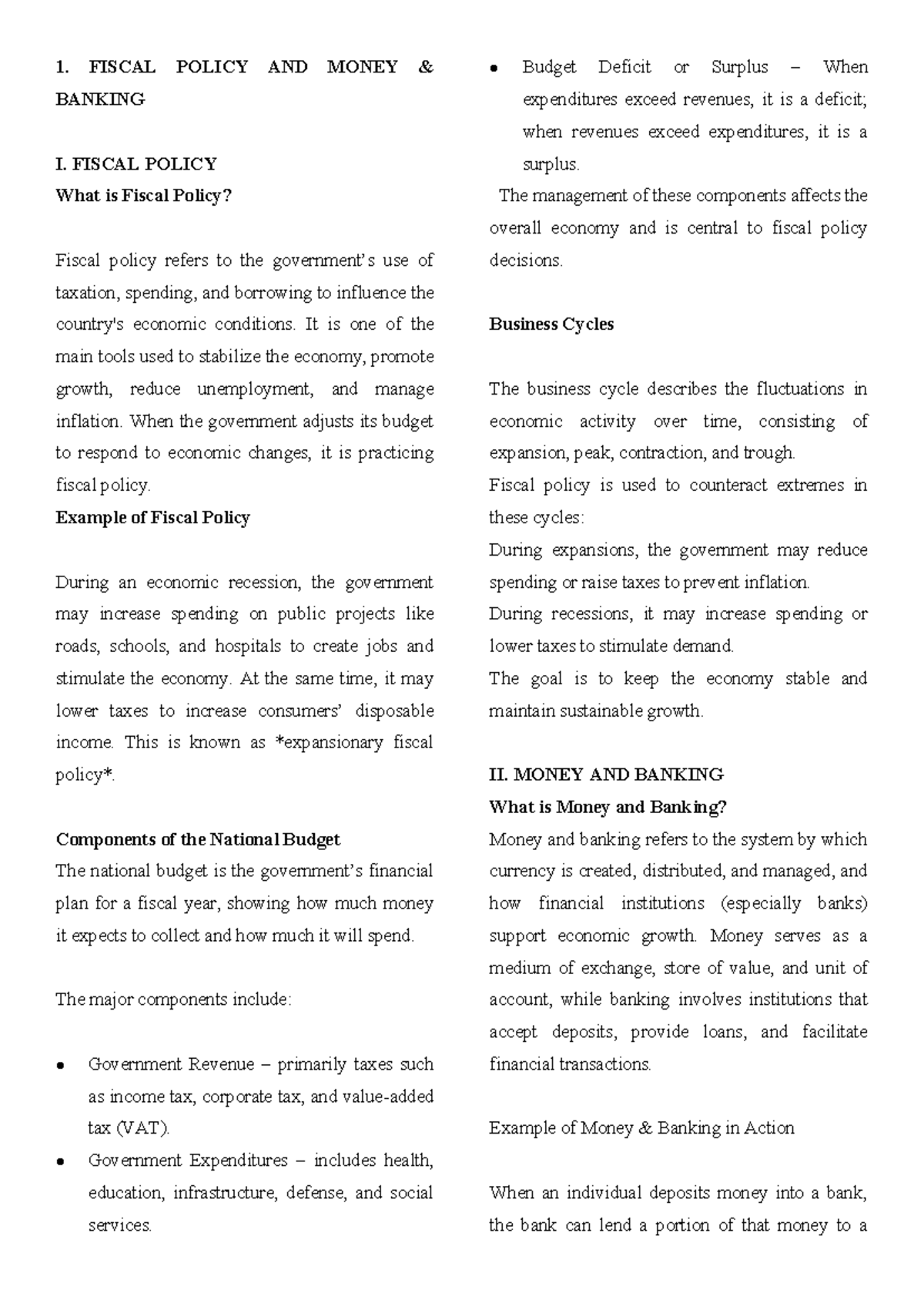 AGRI ECON 101: Fiscal Policy & Money Banking Final Exam Reviewer - Studocu