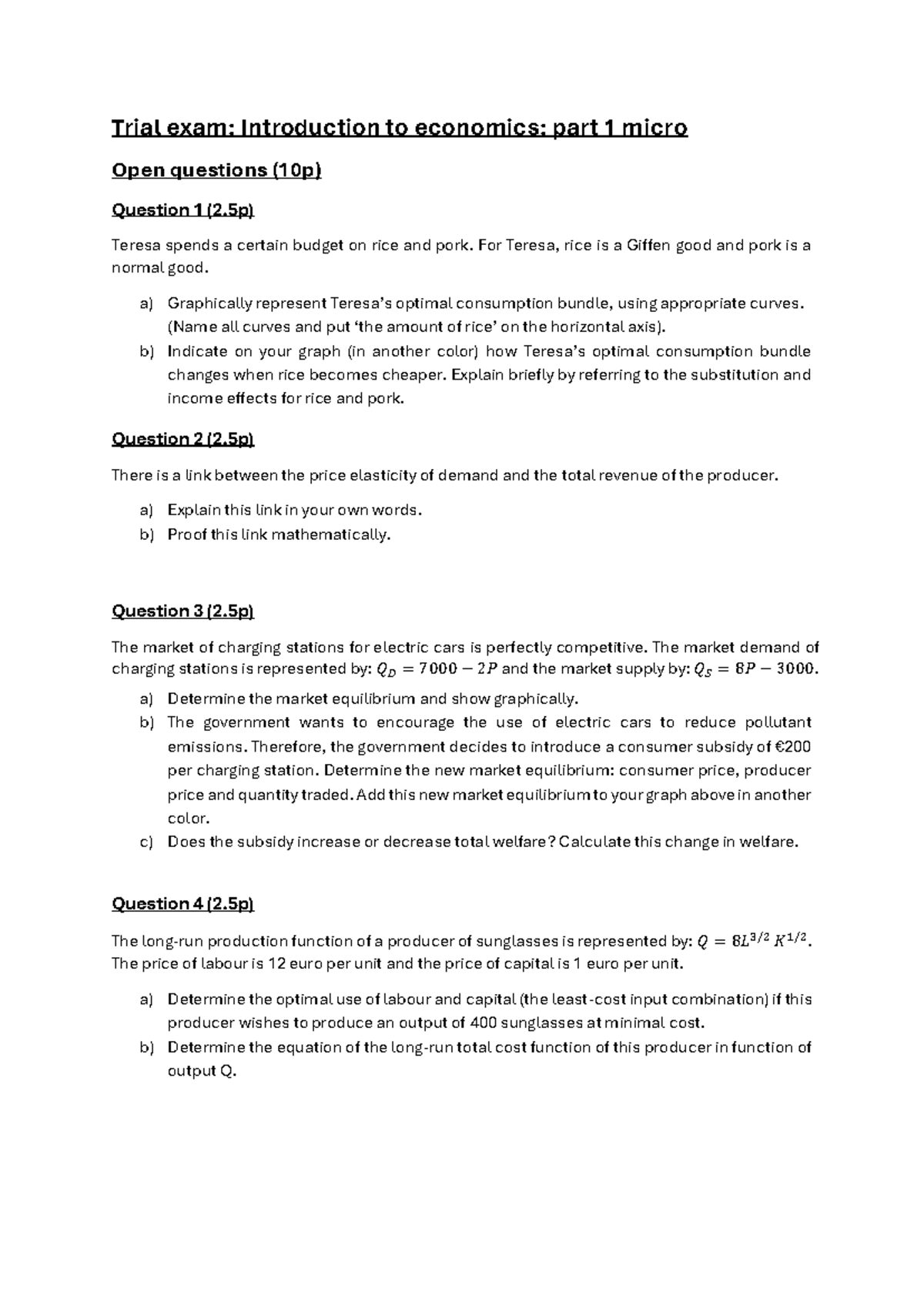 Trial Exam: Microeconomics (Intro to Economics) - Open Questions - Studocu