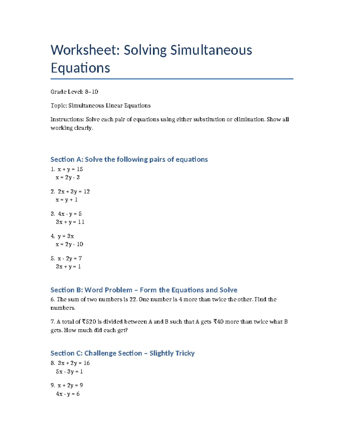 Simultaneous Equations Worksheet Solving Linear Equations Studocu