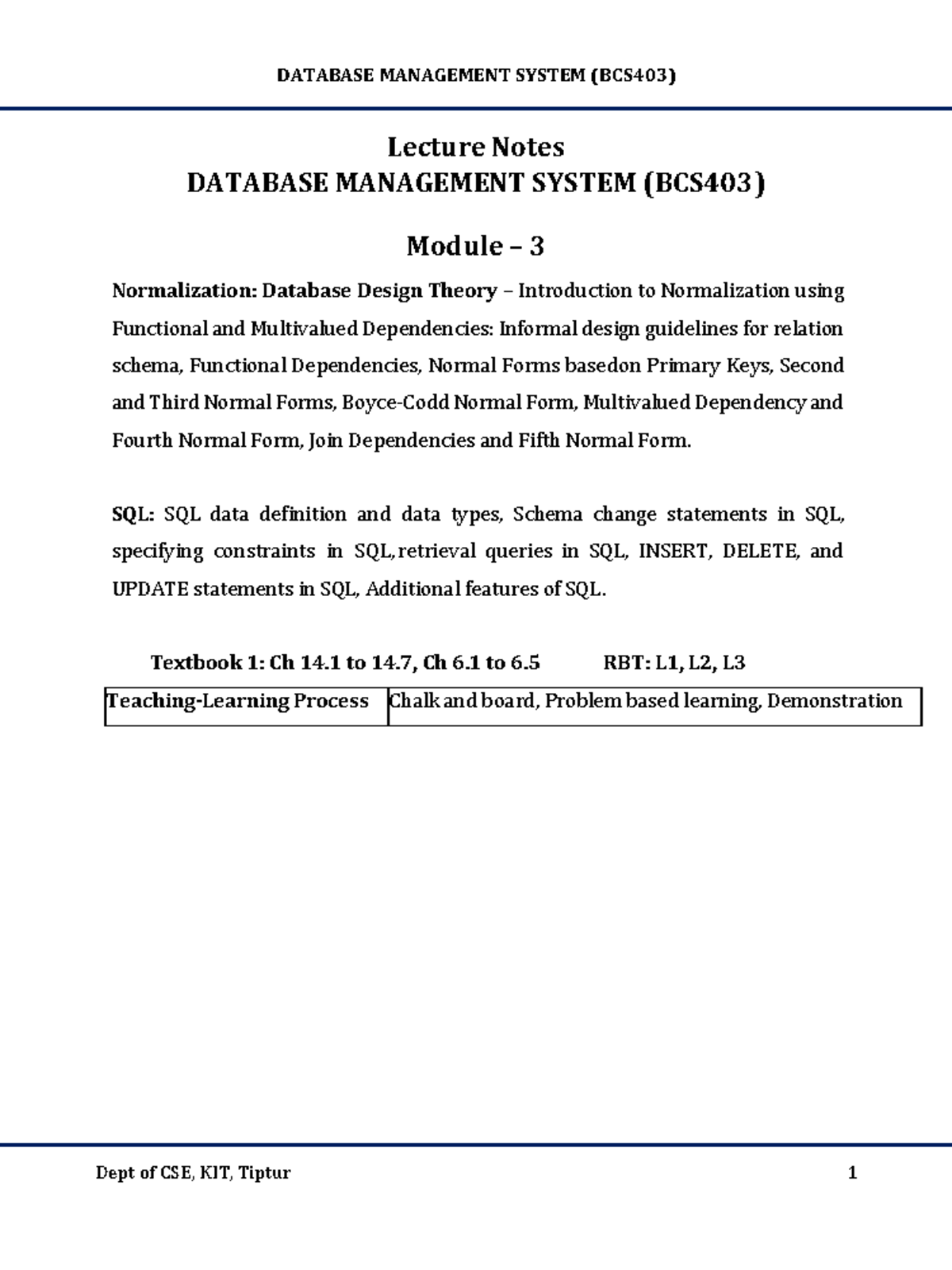 DATABASE MANAGEMENT SYSTEM (BCS403) Lecture Notes on Normalization ...