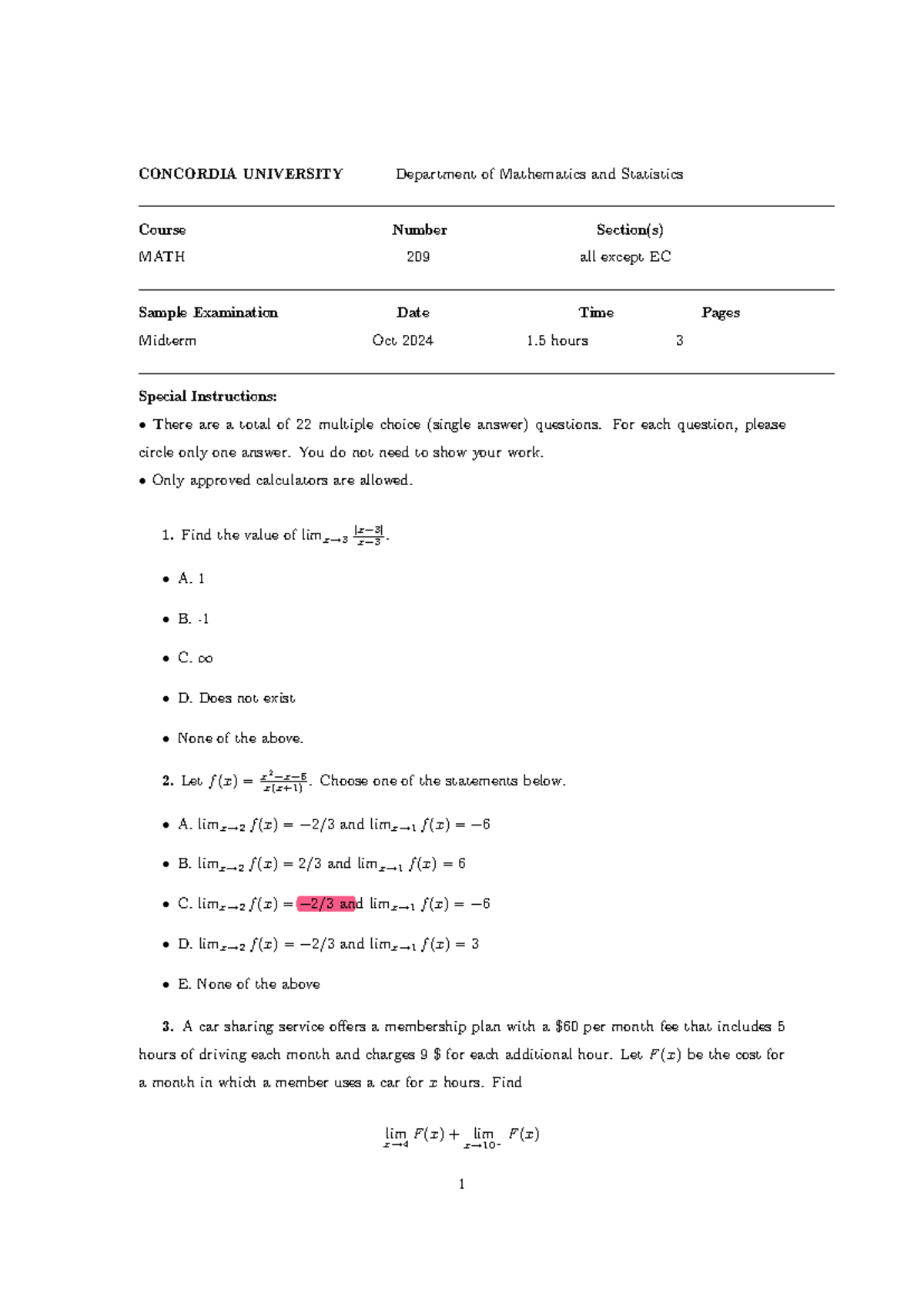 MATH 209 Sample Midterm Exam Questions - Fall 2024 - Studocu