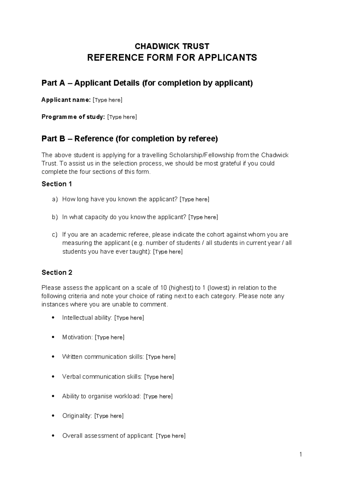 Reference form - n a - CHADWICK TRUST REFERENCE FORM FOR APPLICANTS ...