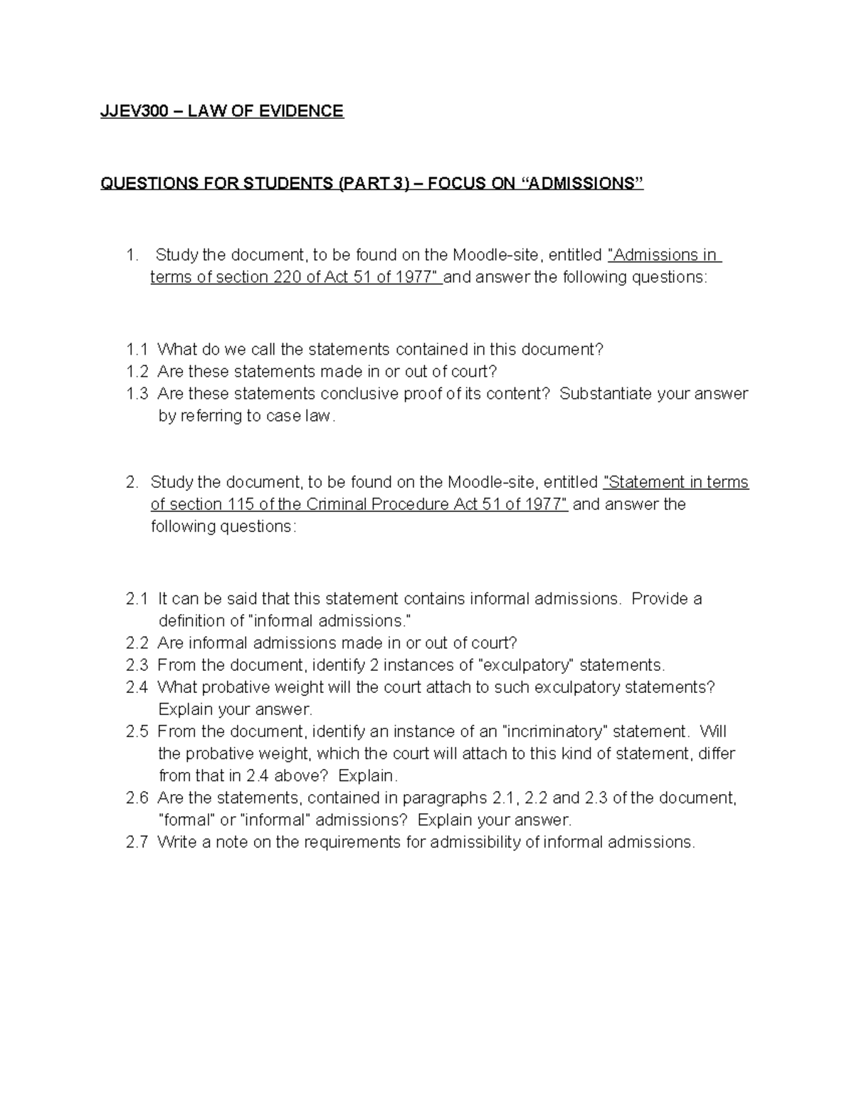 JJEV300 LAW OF EVIDENCE STUDY QUESTIONS (PART 3) - Studocu