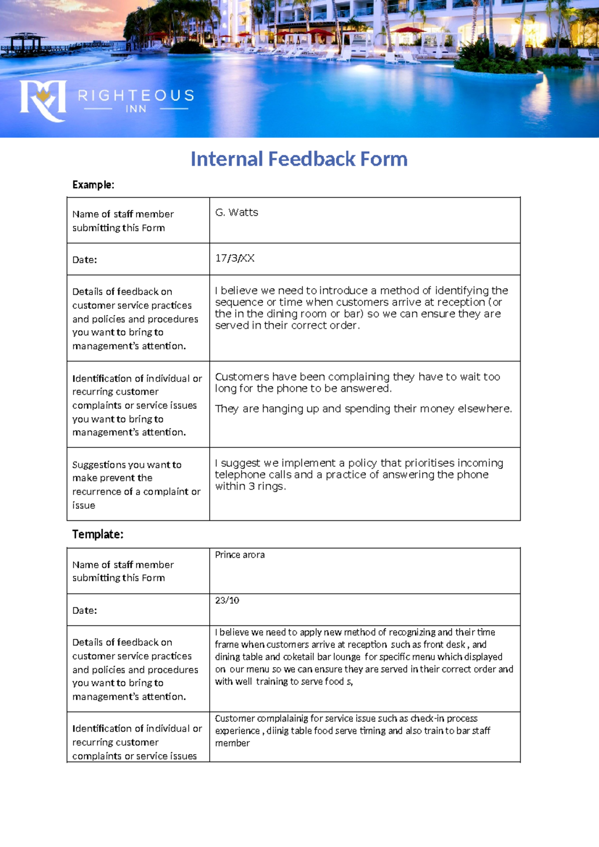 Sitxccs 014 The Righteous Inn – Internal Feedback Form - Internal ...