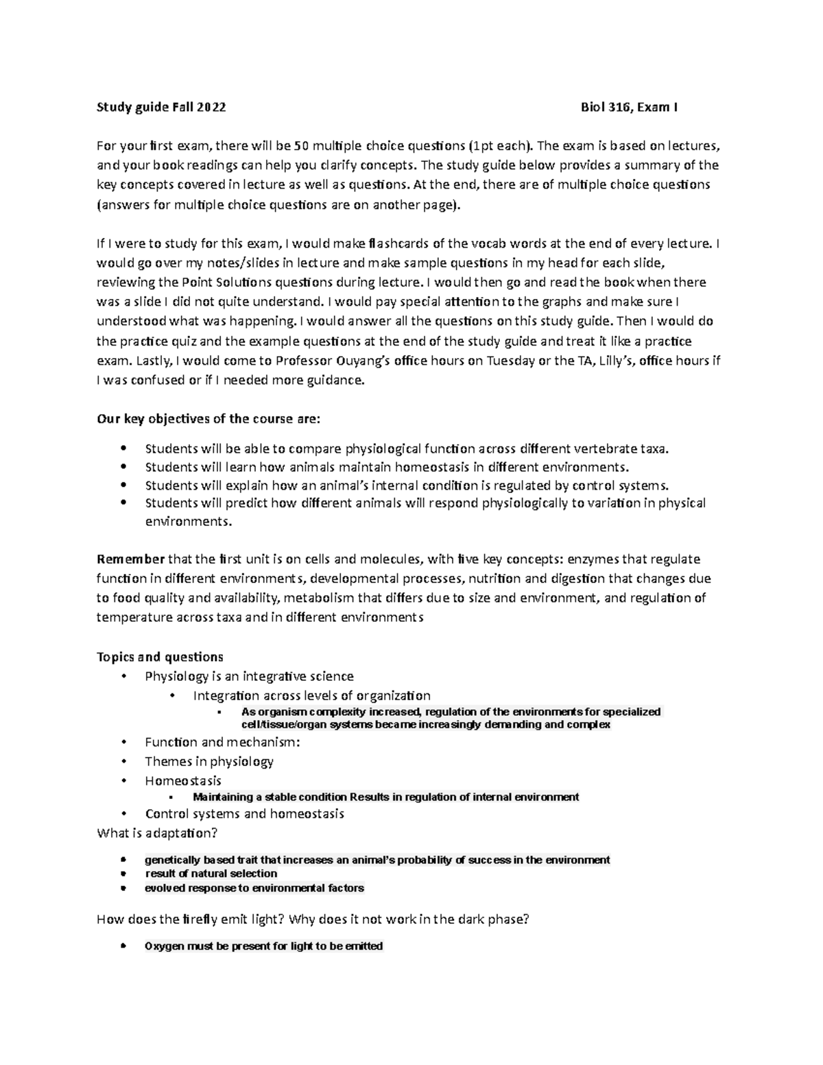 Biol 316 Final Exam Study Guide - Fall 2022 (Exam I) - Studocu