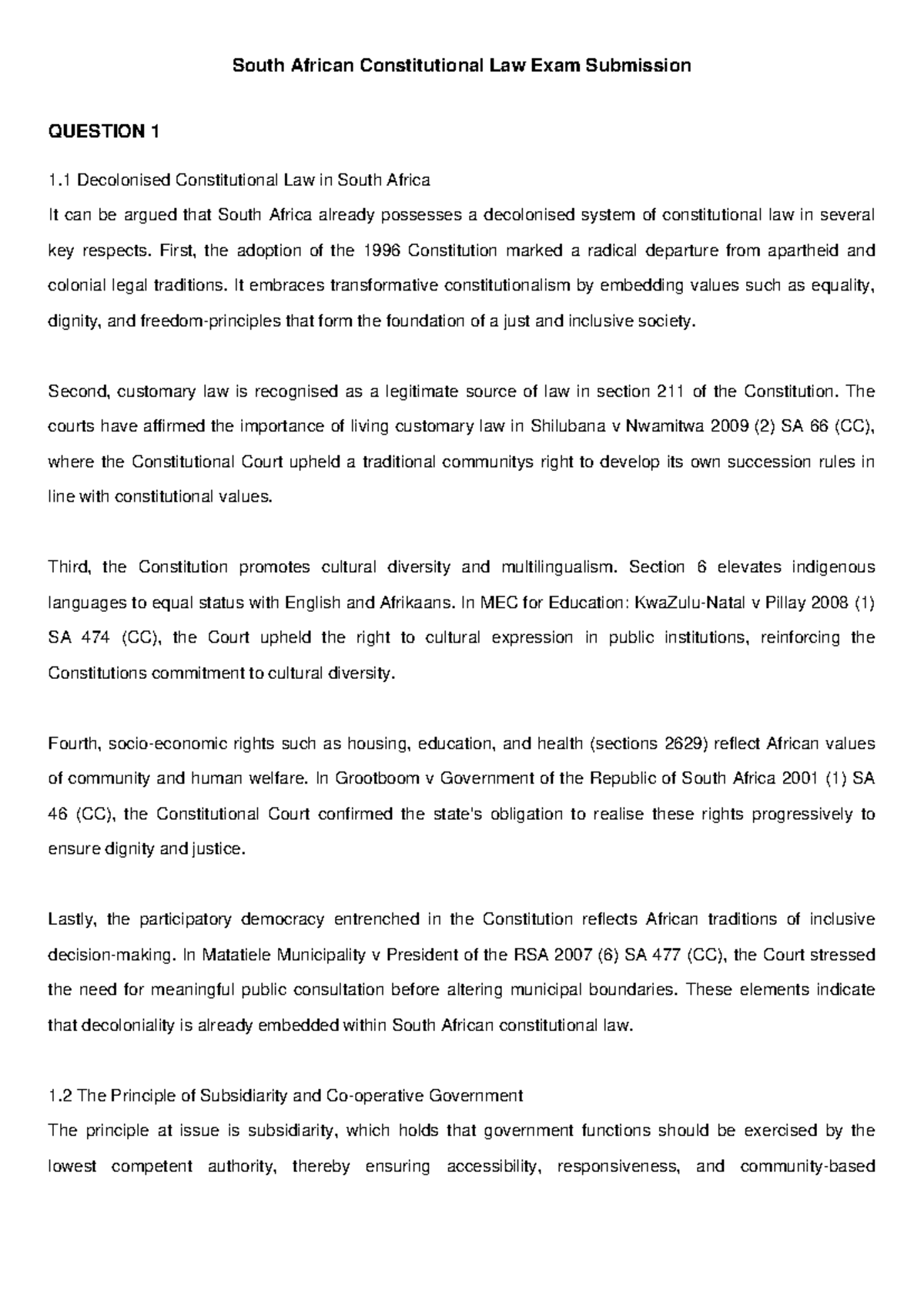 South African Constitutional Law Exam Submission: Key Concepts ...