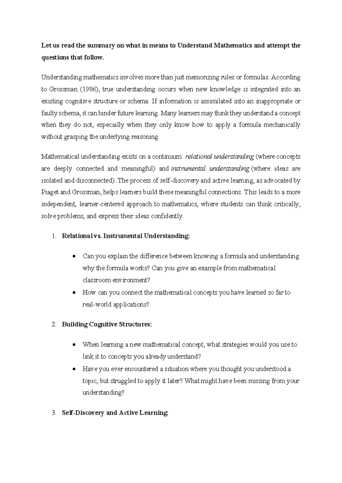 Understanding Mathematics: Relational vs. Instrumental Insights Exam ...