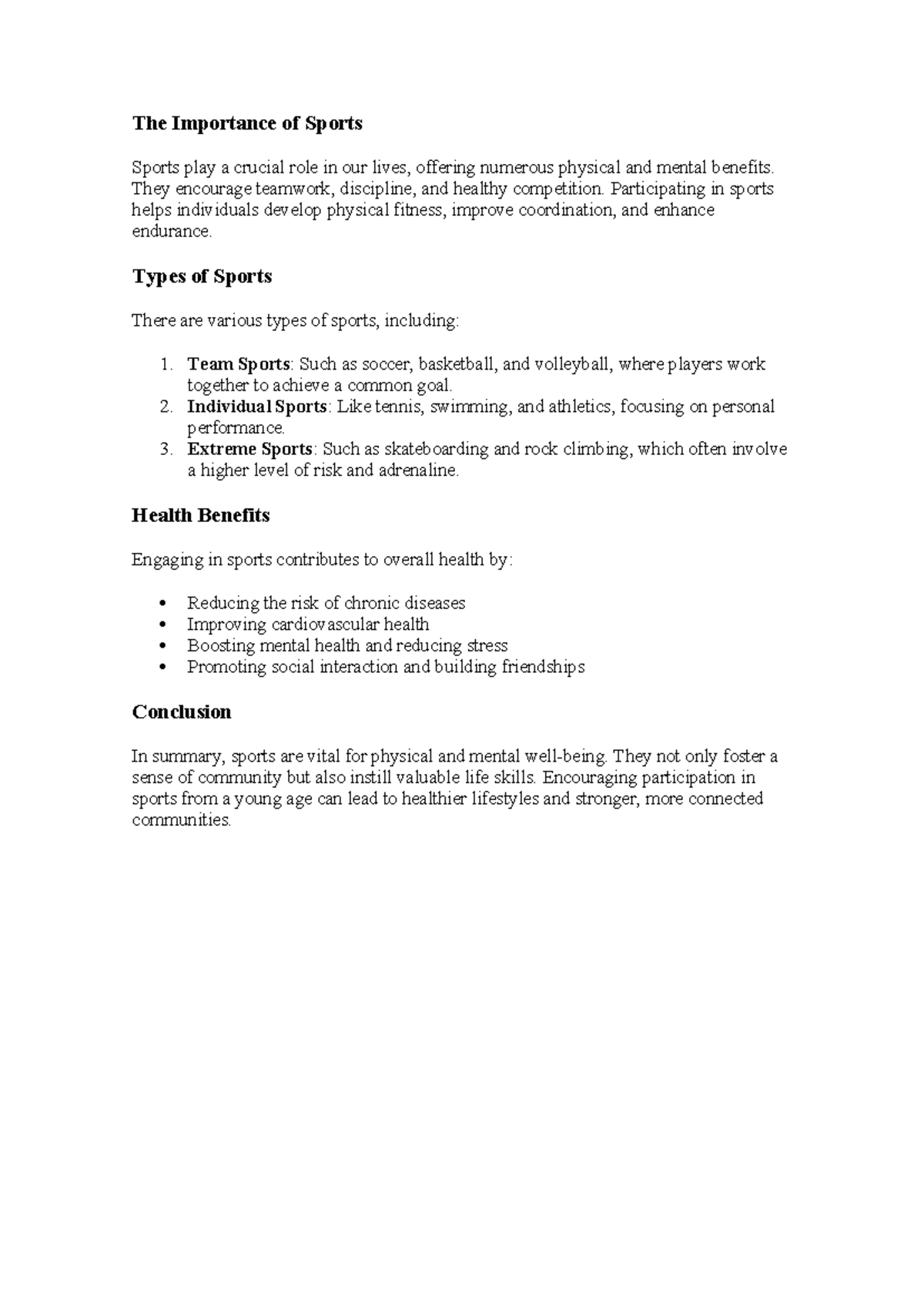 The Importance of Sports - The Importance of Sports Sports play a ...
