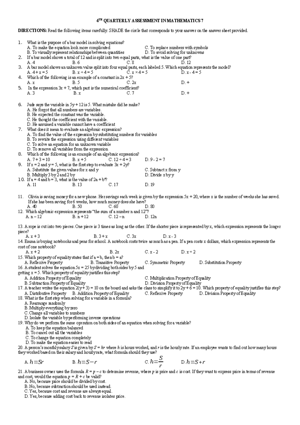 Quarter 4 MATH7 EXAM - Mathematics 7 Quarterly Assessment Questions ...