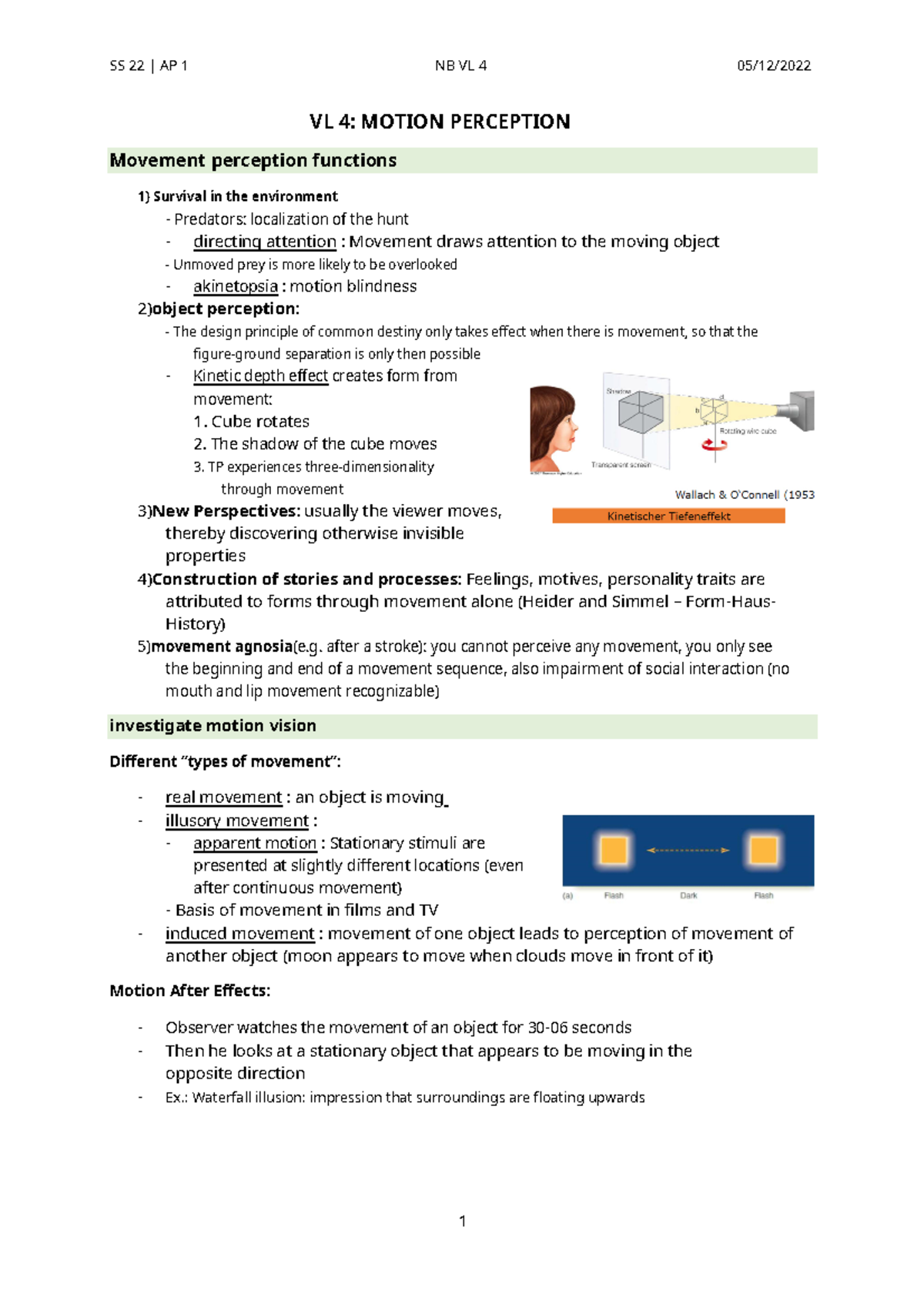 Summary 4.1 - Functions of movement perception - VL 4: MOTION ...