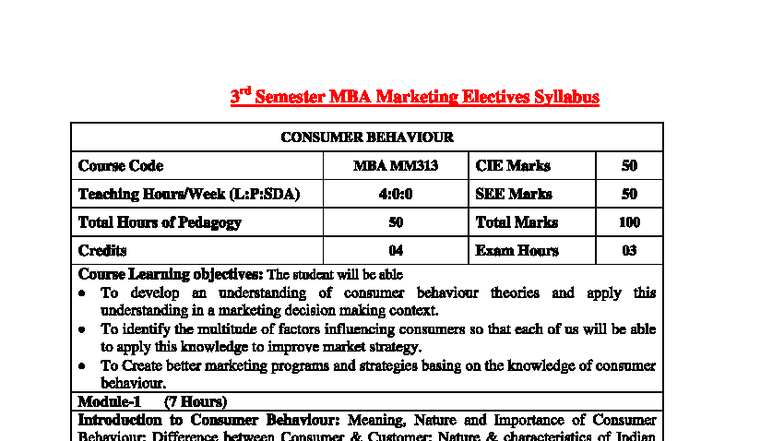 MBA MM313 Consumer Behaviour Syllabus - 3rd Semester Elective - Studocu
