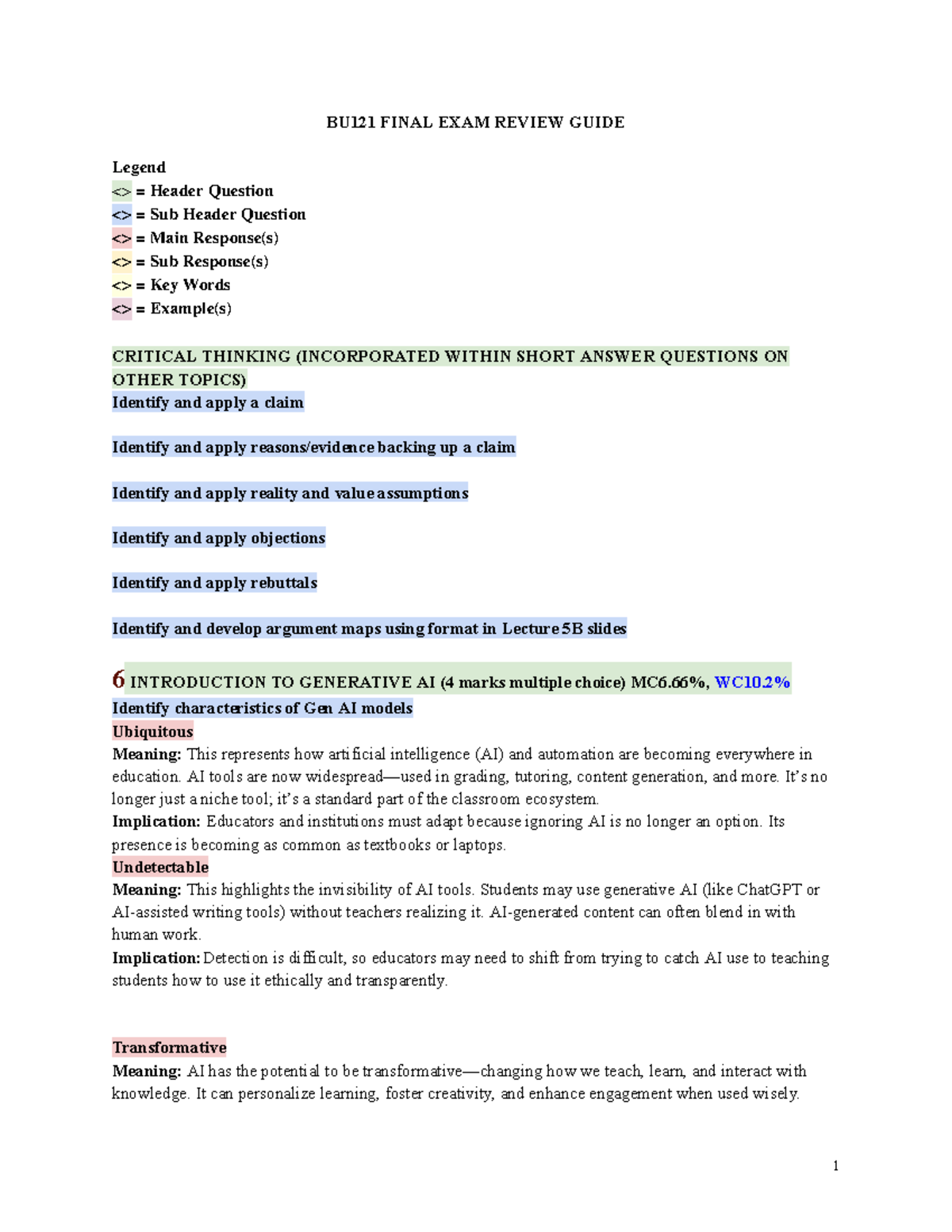 BU121 Final EXAM Review Guide - BU121 FINAL EXAM REVIEW GUIDE Legend ...