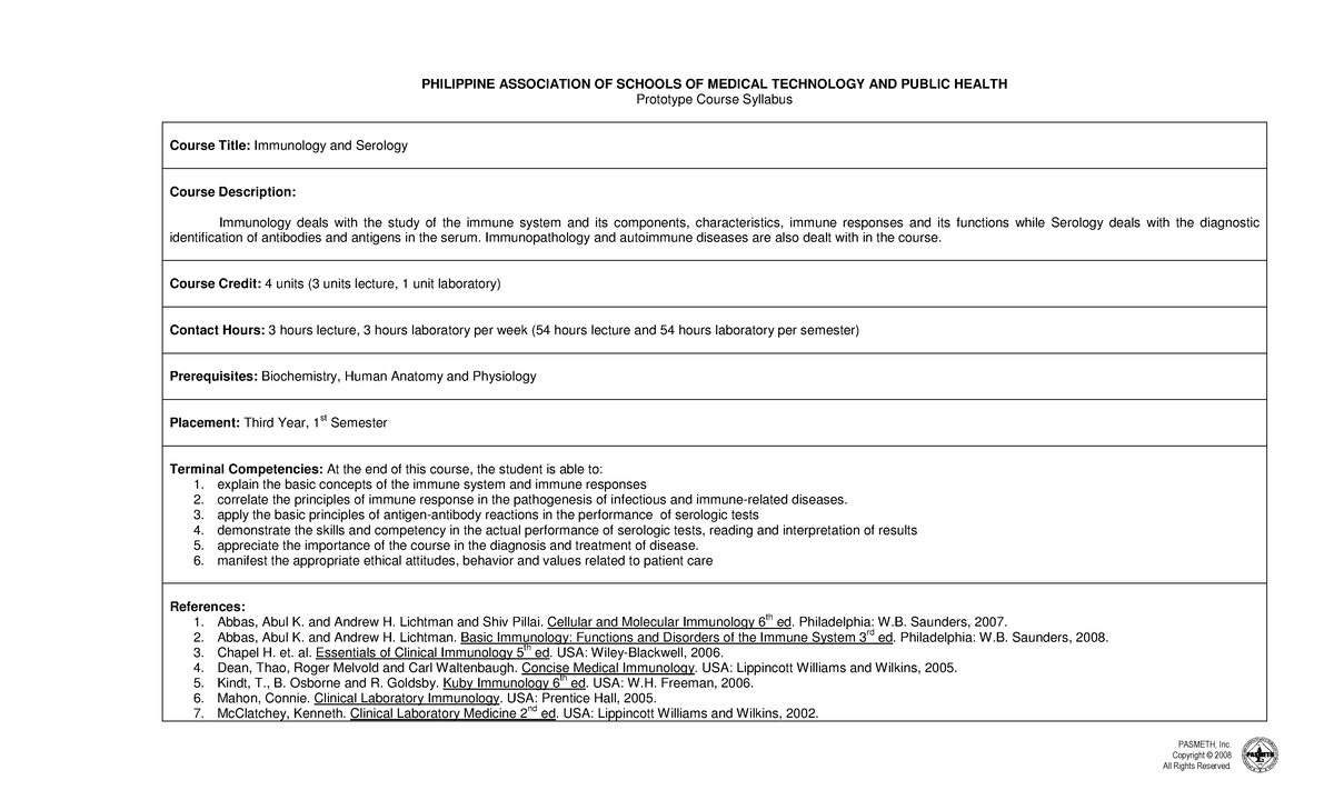 Immunology and Serology Syllabus (PASMETH Course) - Studocu