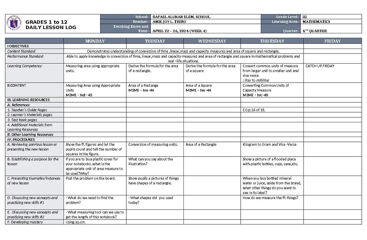 DLL Mathematics 3 Q4 W4 - Lesson Log on Area & Measurement - Studocu
