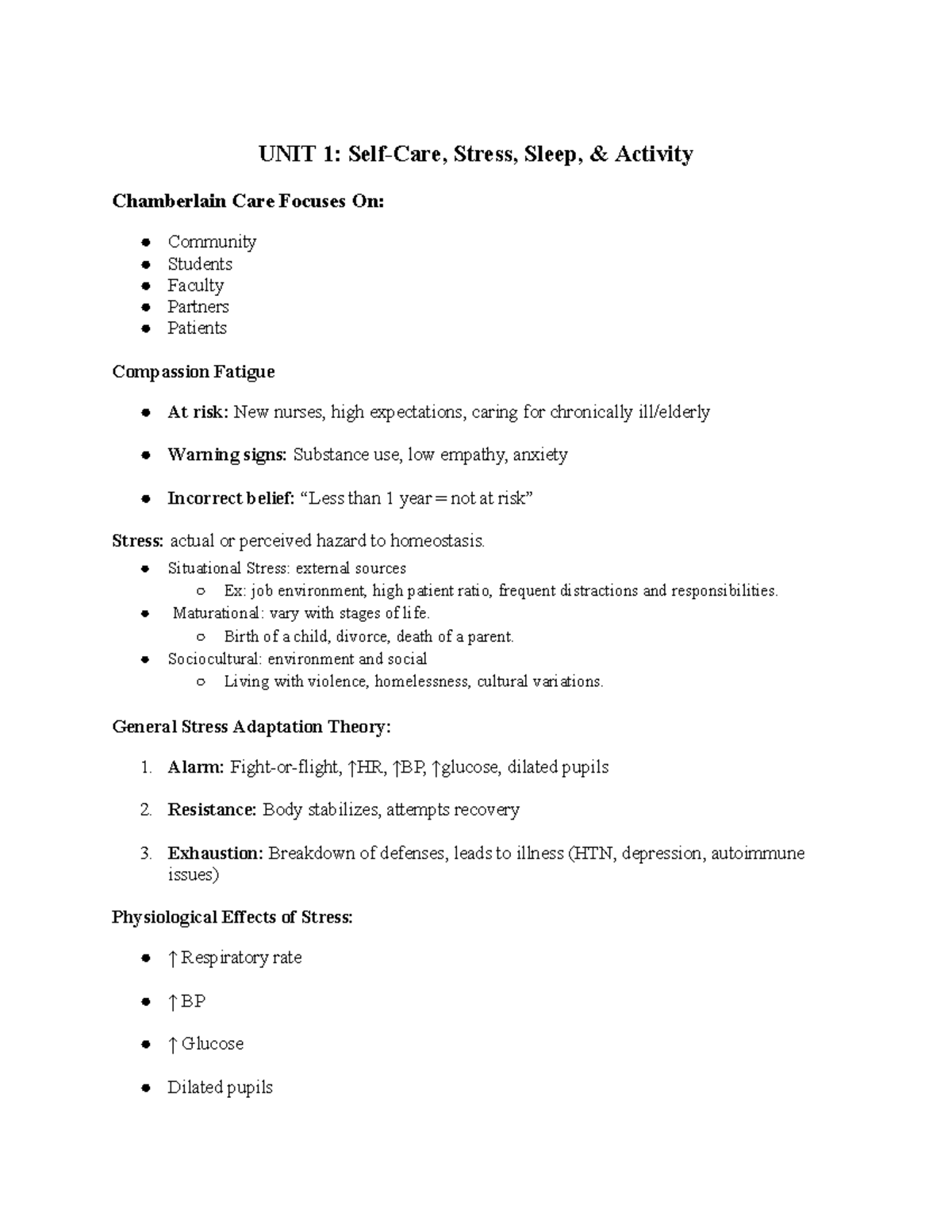 Study Guide Nr 222: Exam 1 on Stress, Sleep, and Health Concepts - Studocu
