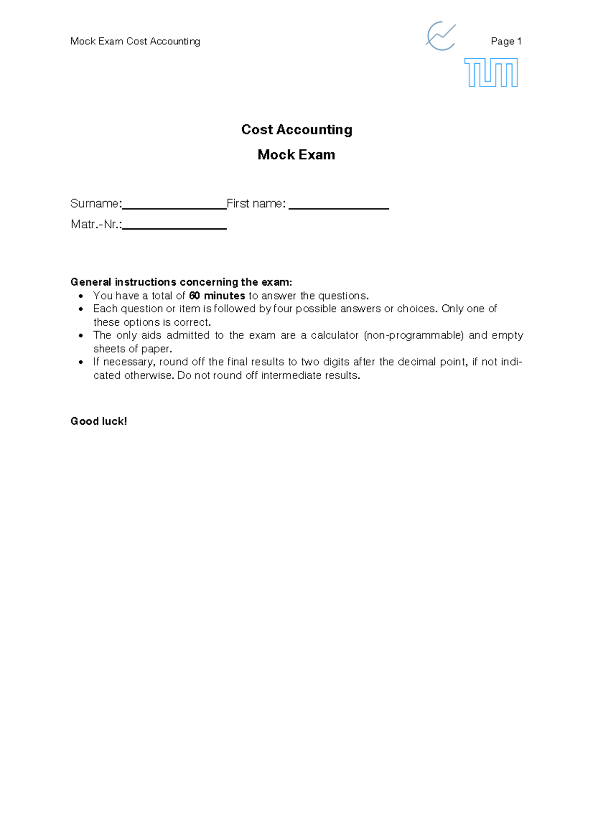 Cost Accounting Mock Exam SS 2024: Comprehensive Solutions - Studocu