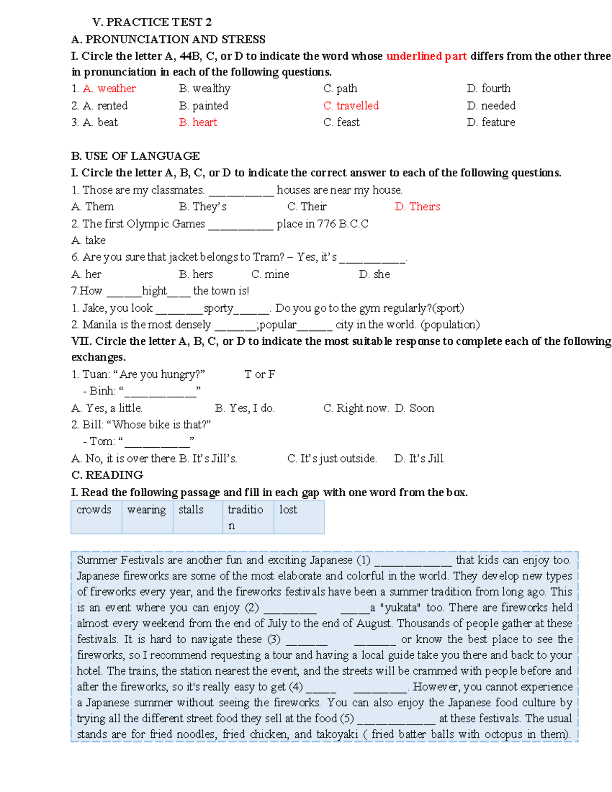 ĐỀ CƯƠNG ÔN TẬP HK 2 - LỚP 6: PRACTICE TEST 2 ON PRONUNCIATION ...