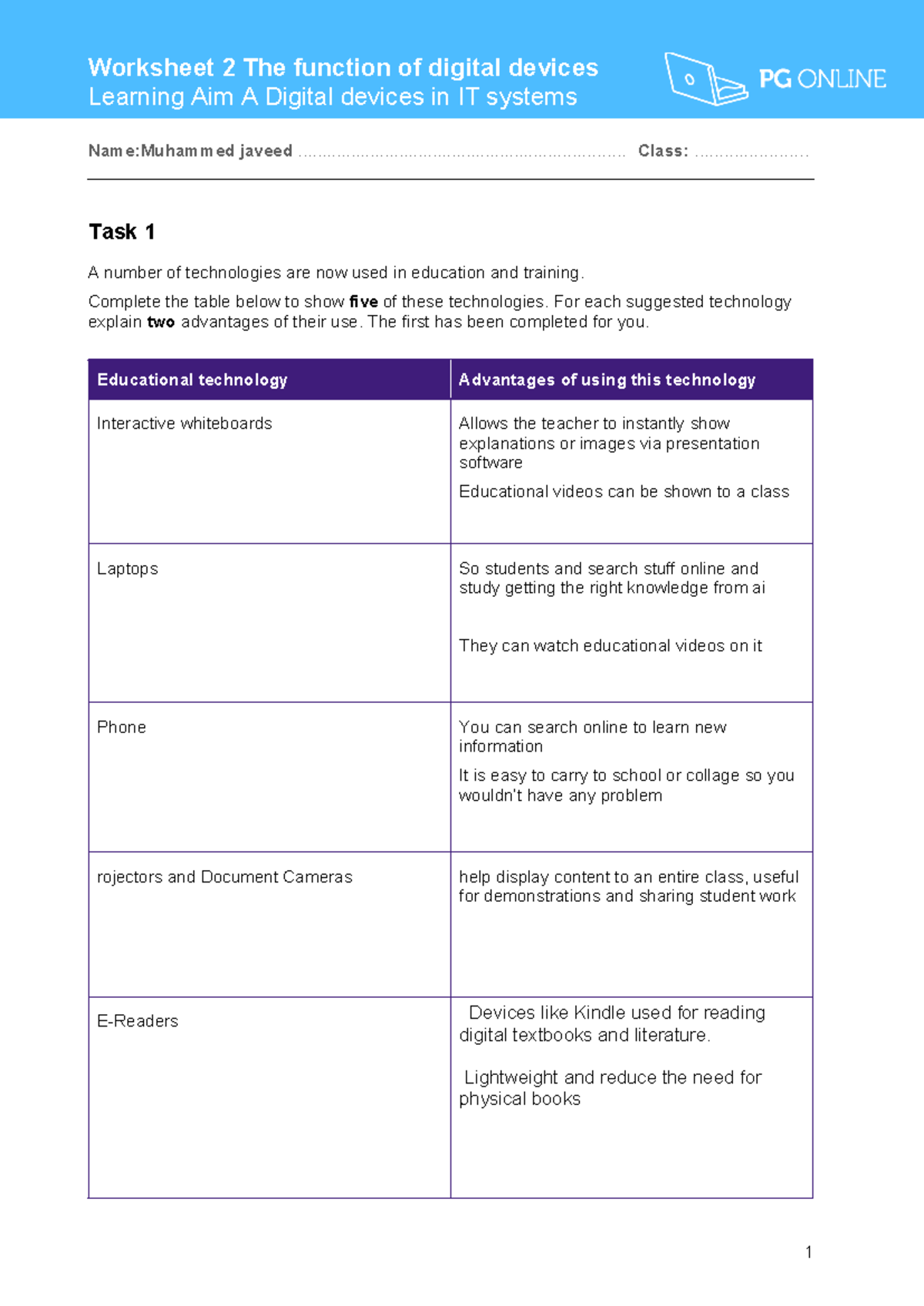 Digital Devices in IT Systems: Worksheet 2 Learning Aim A - Studocu