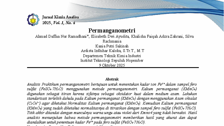 Jurnal Kimia Analisa 2025, Vol. 1, No. 4: Metode Permanganometri - Document Preview