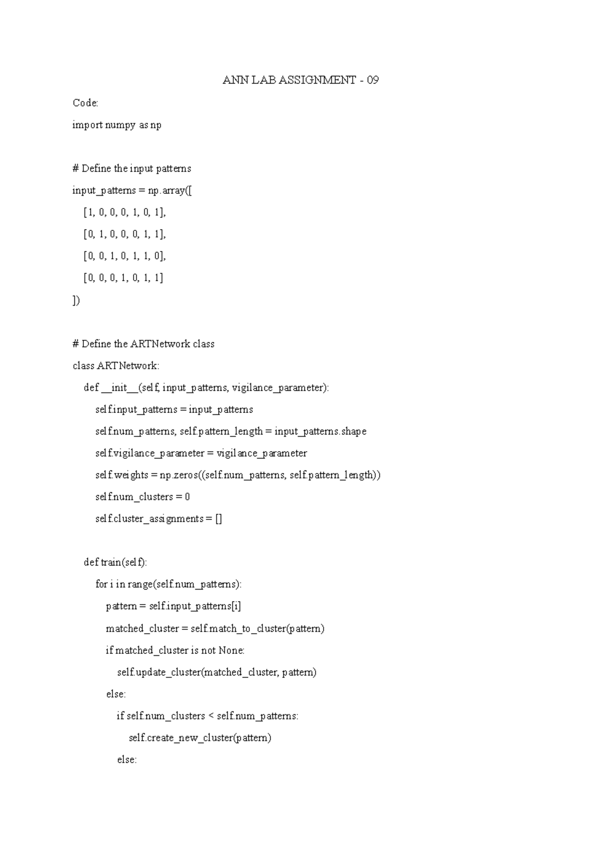 Ann lab assignment 09: Implementing the ART network in Python - Studocu