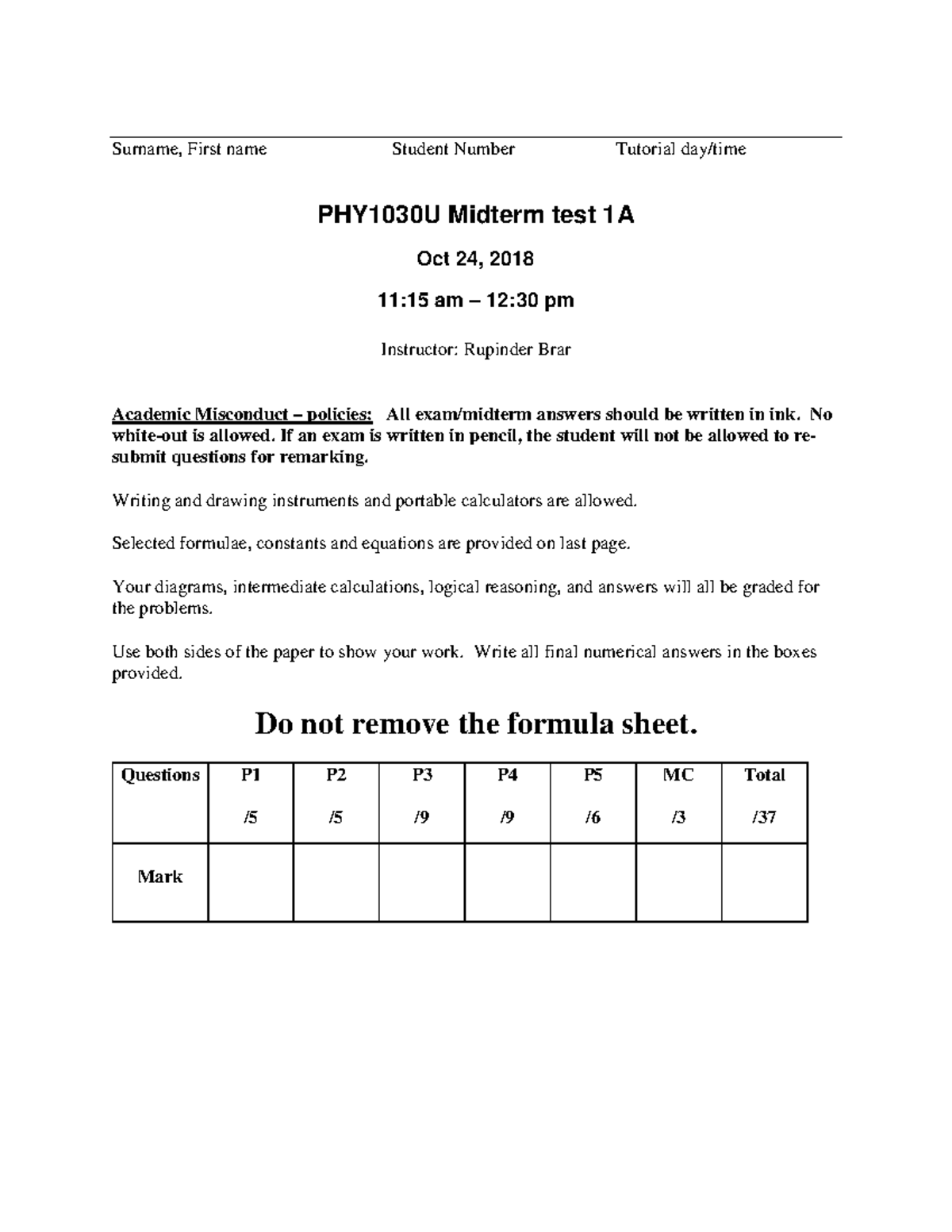 Midterm 1A 2018, questions and answers - Surname, First name Student ...