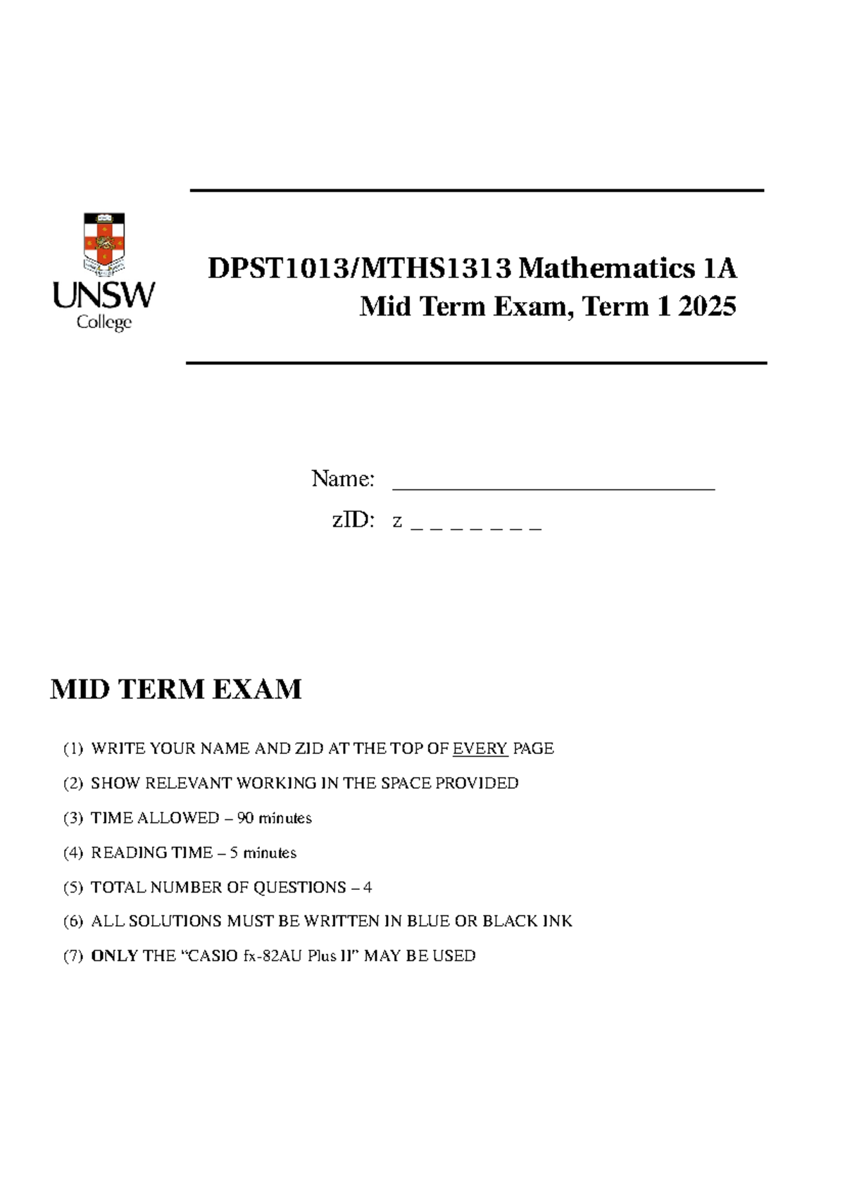 Mathematics 1A Mid Term Exam Questions & Solutions, Term 1 2025 - Studocu