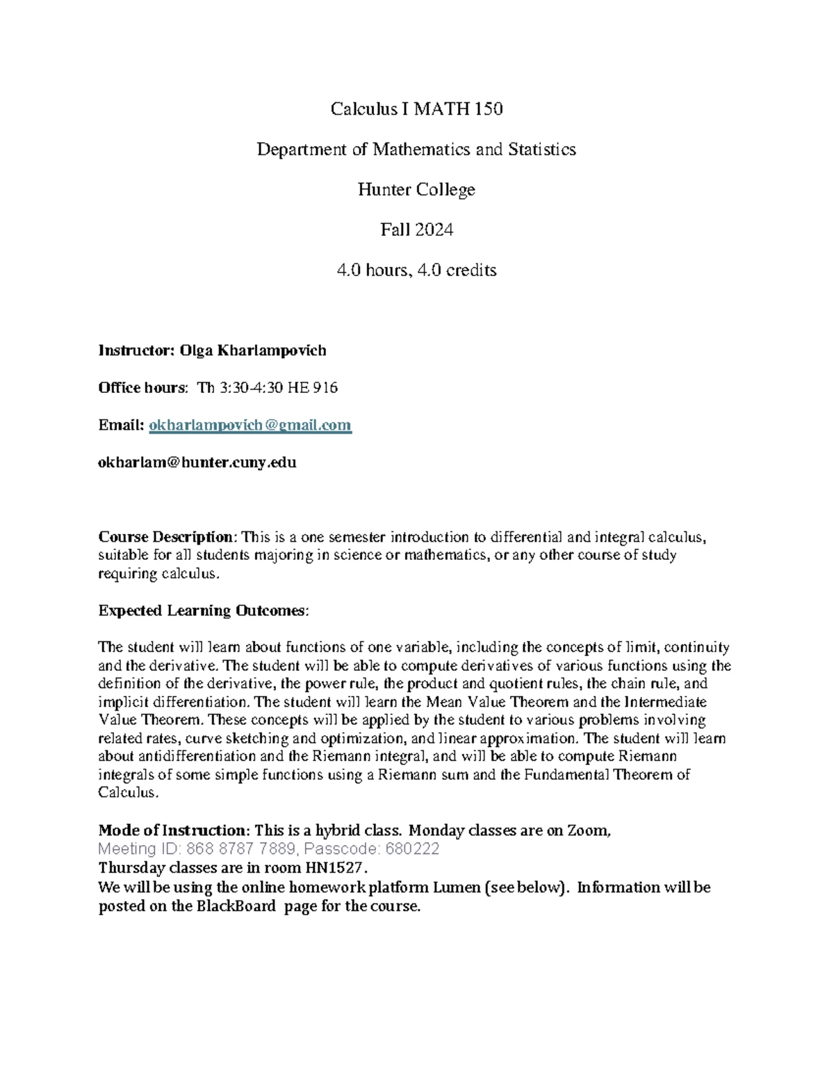 MATH 150 Syllabus - Calculus with Analytic Geometry I - Summer 2024 ...