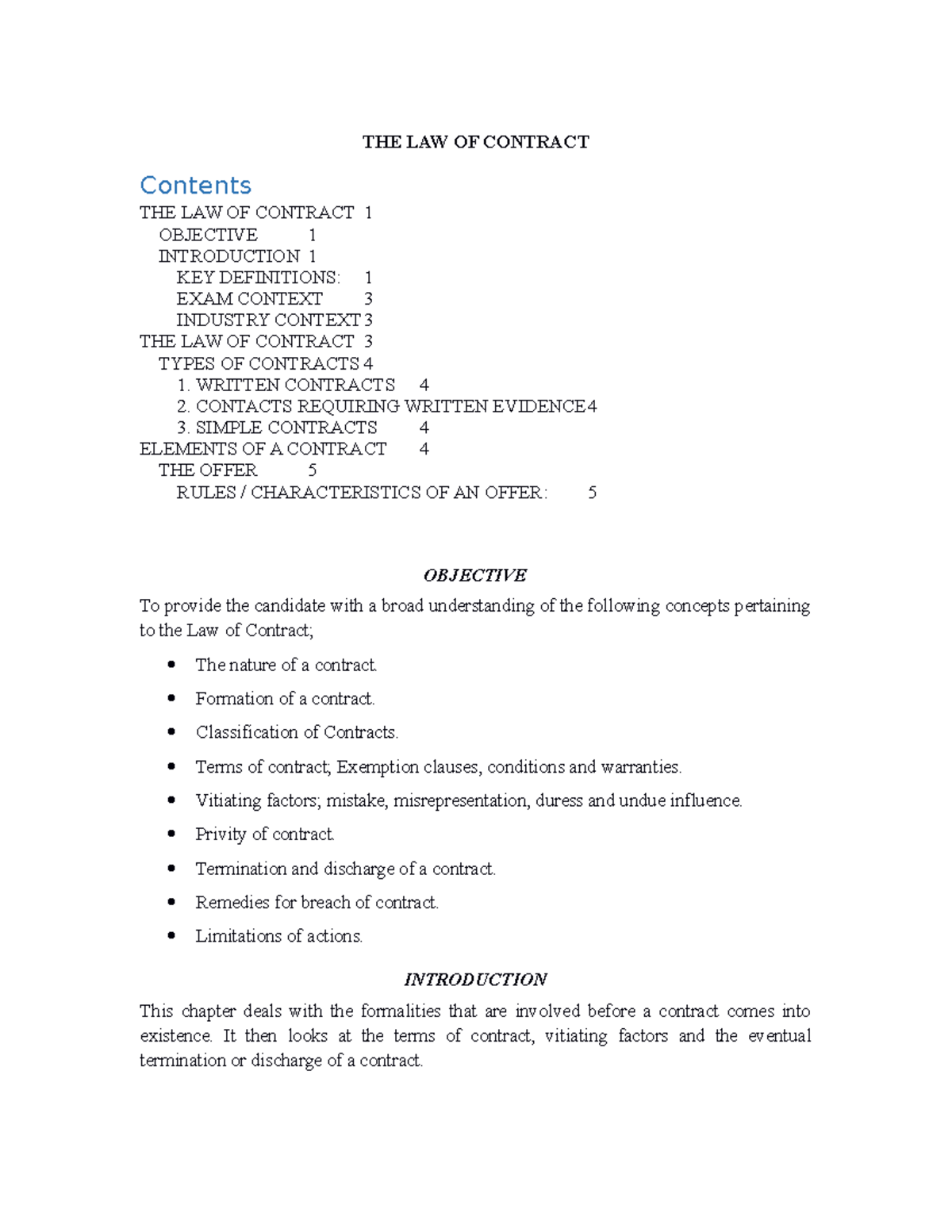 Contract LAW- Short Notes on Key Concepts and Types of Contracts - Studocu
