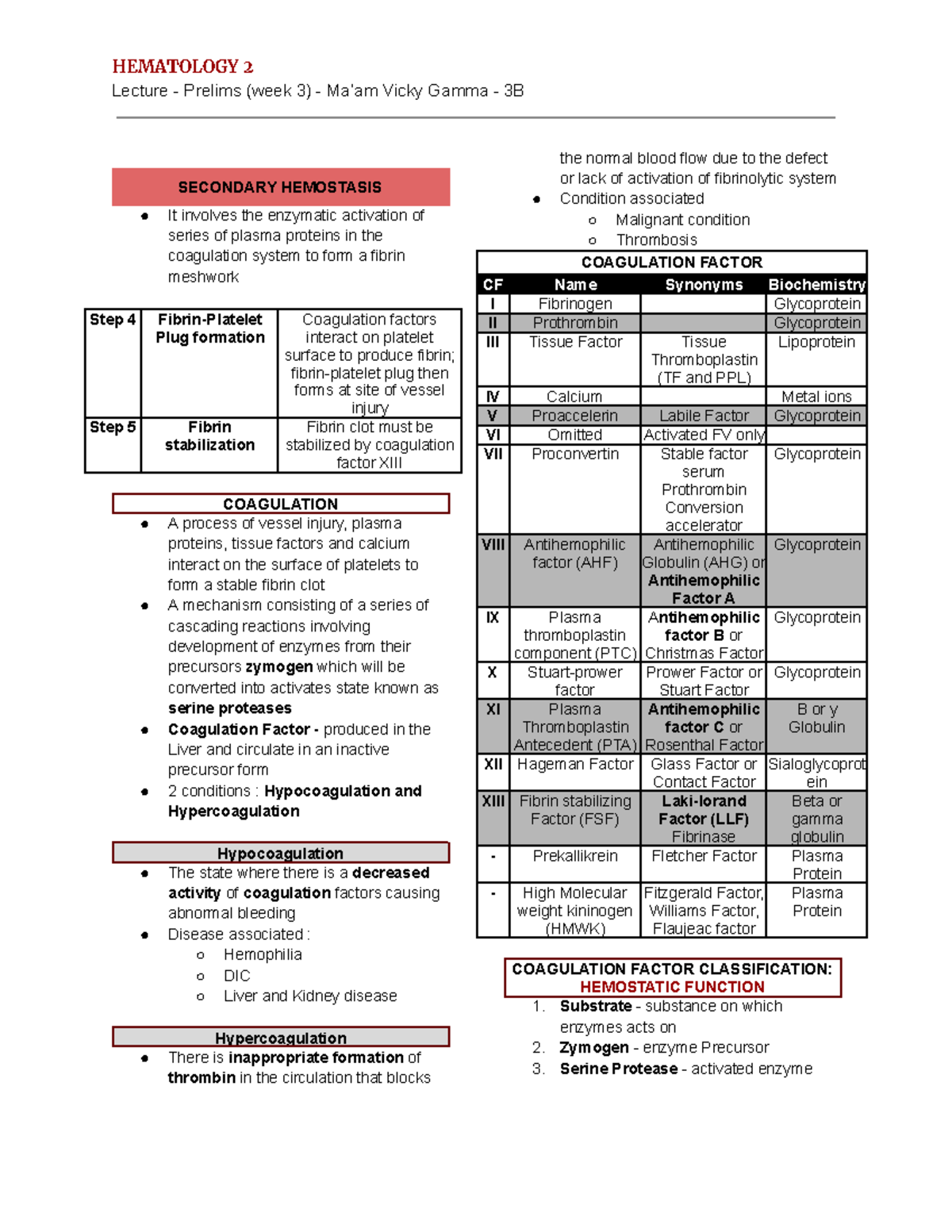 HEMATOLOGY 2 Lecture Prelims (Week 3): Secondary Hemostasis Overview ...