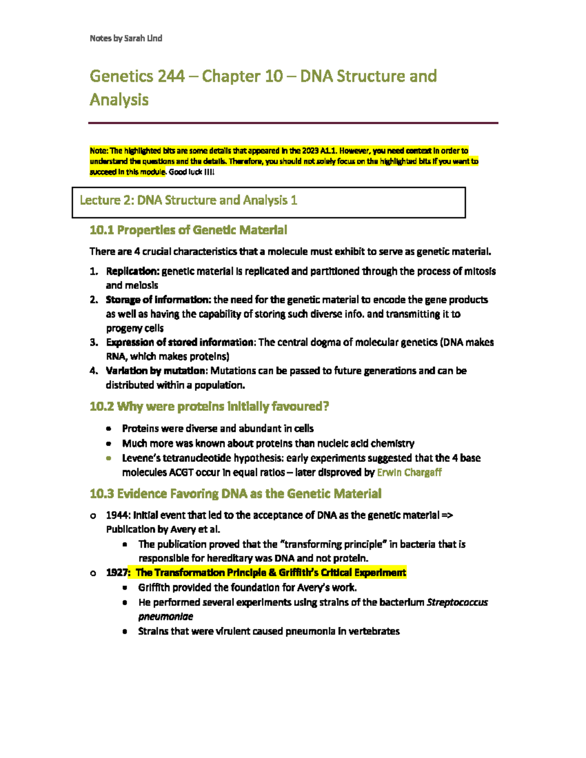 Chapter 10 - Notes Sarah Lind Genetics 244 Chapter 10 DNA Structure and ...