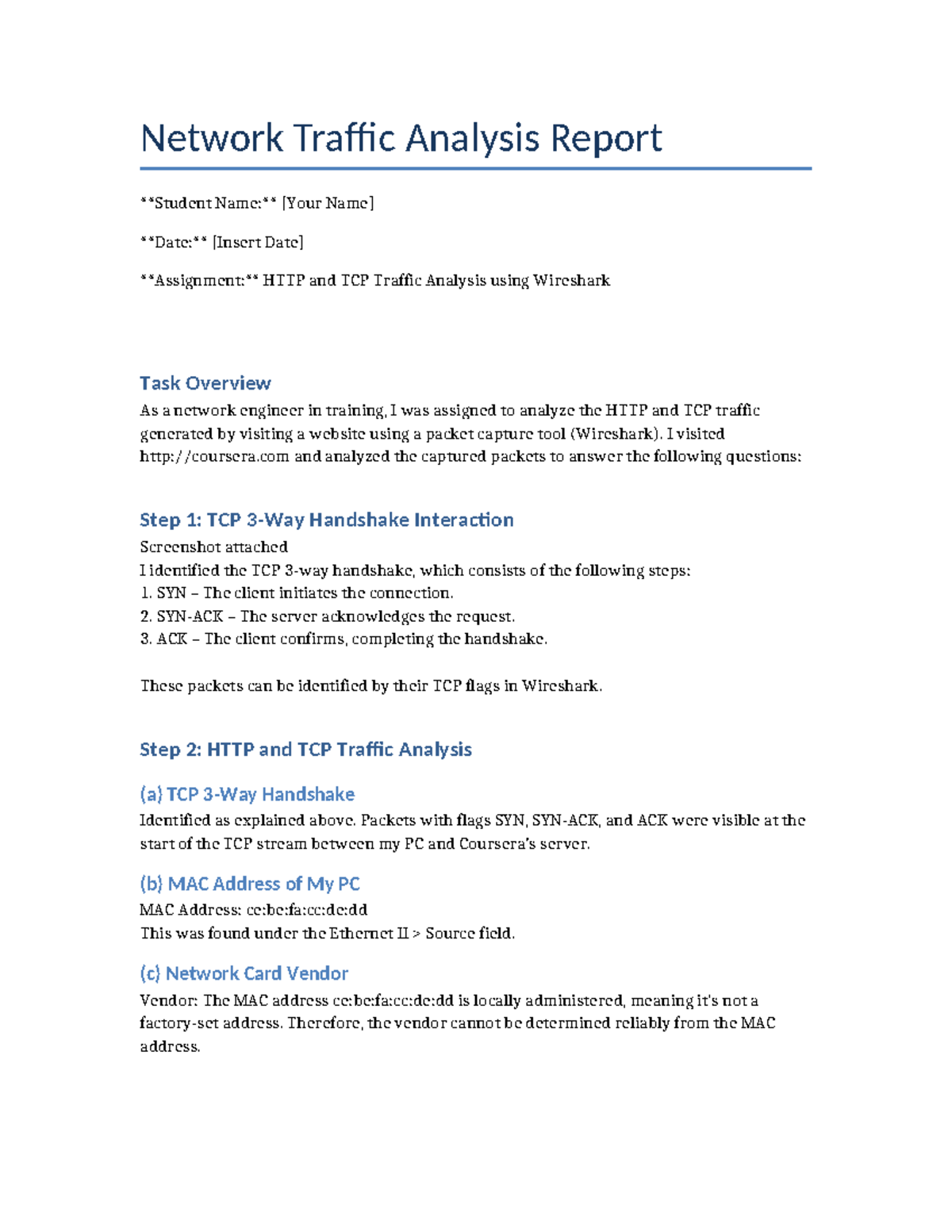 Network Traffic Analysis Report: HTTP & TCP with Wireshark - Studocu