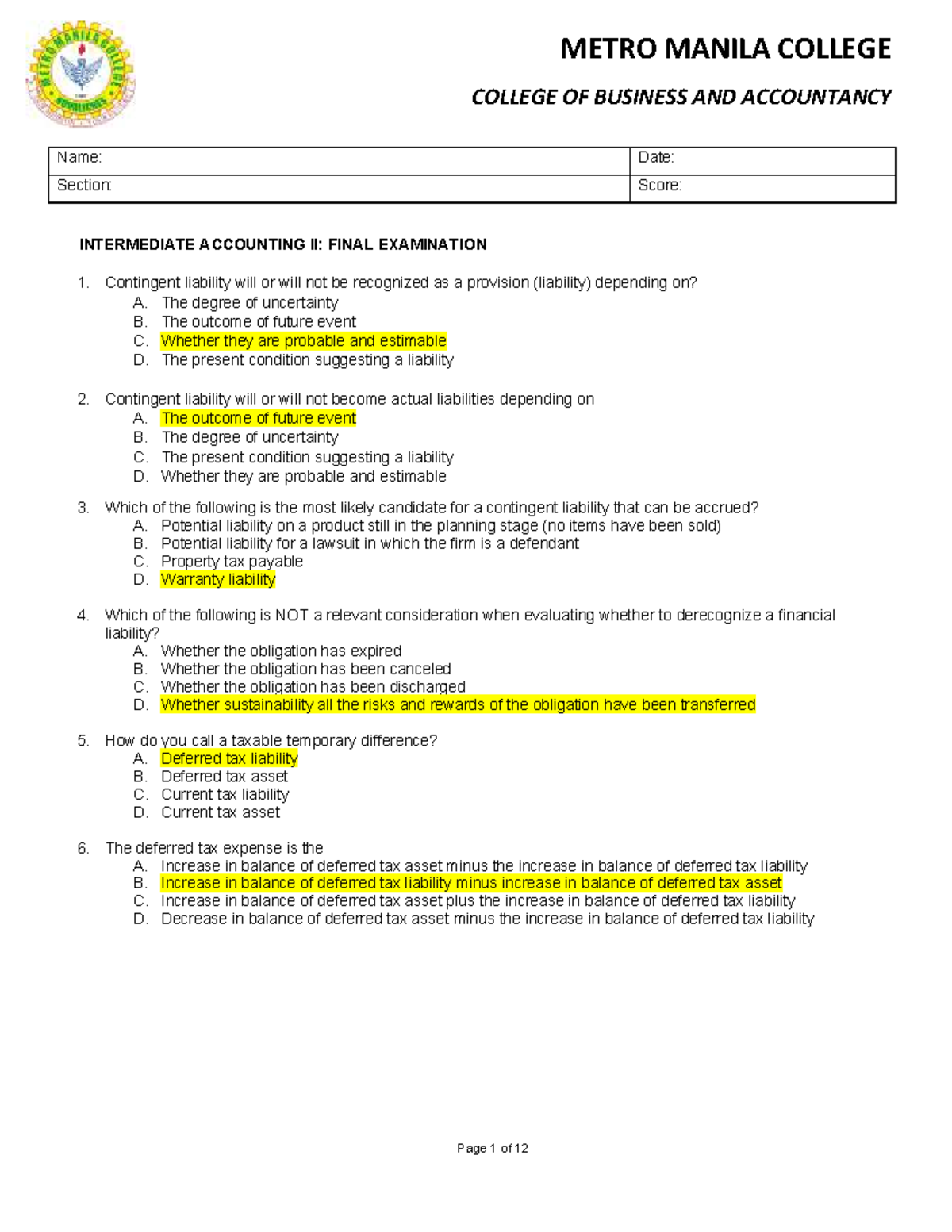 Intermediate Accounting II: Final Exam IA2 with Answer Key - Studocu