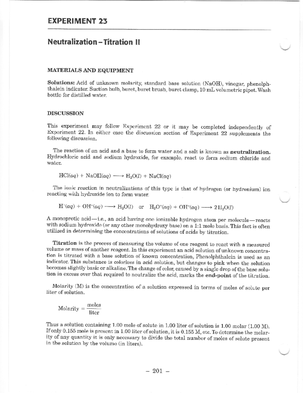 CHEM121 Experiment 23: Neutralization Titration II Procedures and ...