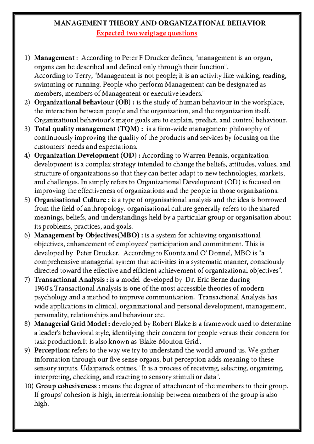 Management Theories & Org Behavior Notes - MGT 101 Study Guide - Studocu
