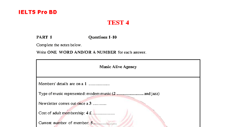 Test 4 - IELTS Listening Practice Questions and Answers - Studocu