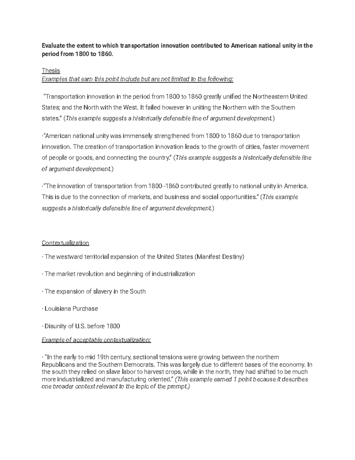 4A DBQ Outline: Transportation Innovations & American Unity (1800-1860 ...