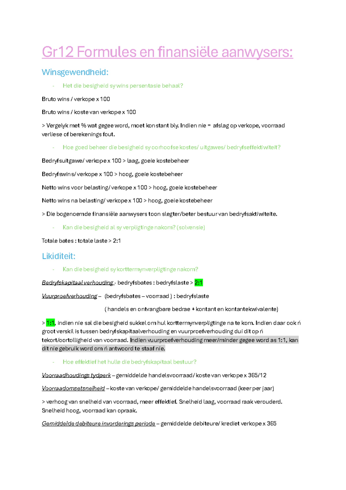 Gr12 Rek Formules en Finansiële Aanwysers: Winsgewendheid en Bestuur ...