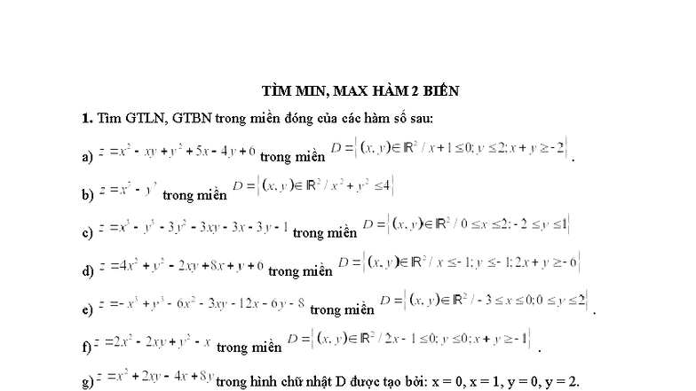 BÀI TẬP TÌM MIN, MAX HÀM 2 BIẾN TRONG MIỀN ĐÓNG - Studocu